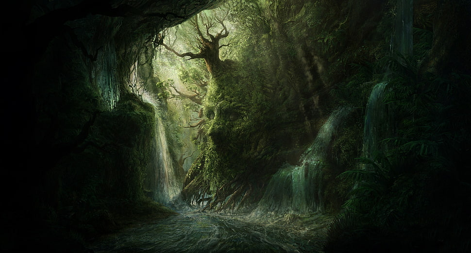 green and brown cave, artwork, digital art, forest, dark HD wallpaper