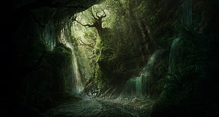 green and brown cave, artwork, digital art, forest, dark