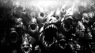 grayscale photo of piranha, creepy, shark, horror, Piranha 3D HD wallpaper