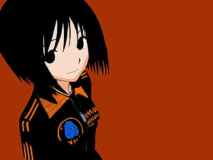 girl with black hair and orange coat anime character print