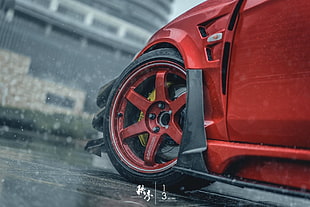 red car wheel with tire, car, Mitsubishi Lancer Evo X, tuning, rain