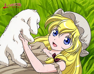 female anime character holding puppy