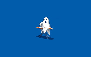 ghost using clothes iron illustration, minimalism, blue, humor, ghost HD wallpaper
