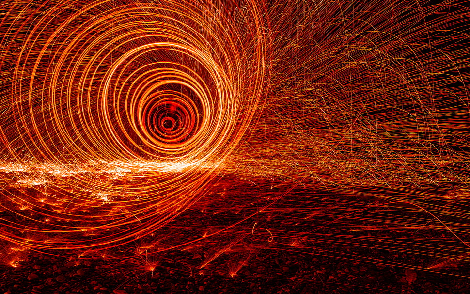 orange sparks, spiral, vortex, lights, abstract HD wallpaper