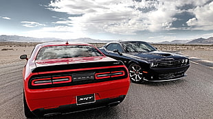two red and black Ford Mustang coupes, muscle cars, car