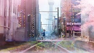 female anime character illustration, train, bicycle, city