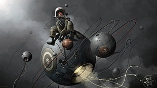 astronaut sitting on gray flying ball painting