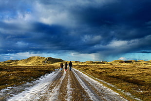 photography of three people walking on road under grey sky during daytime HD wallpaper