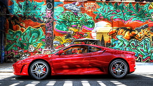 red coupe, graffiti, car, Ferrari