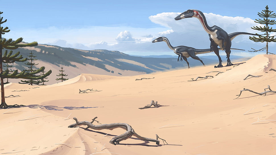 two dinosaurs on sand graphics, Simon Stålenhag, dinosaurs HD wallpaper