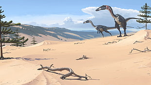two dinosaurs on sand graphics, Simon Stålenhag, dinosaurs