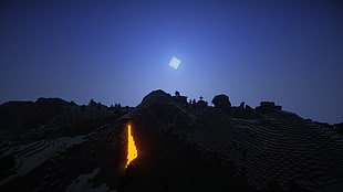 green mountain, Minecraft, Sun, Moon, lava