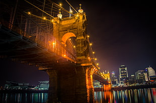 brown wooden framed glass top table, bridge, night, Roebling Bridge, reflection