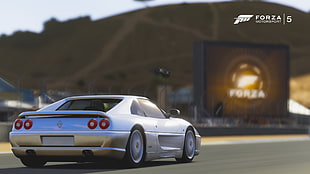 silver coupe with text overlay, Forza Motorsport, car, video games, Ferrari HD wallpaper