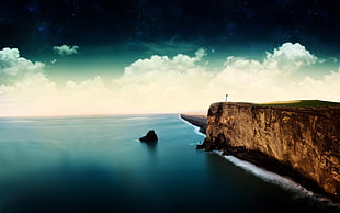 body of water and brown rock formation, lighthouse, sea, cliff, clouds
