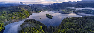 landscape photography of tall trees and body of water with tall mountains, loch ard