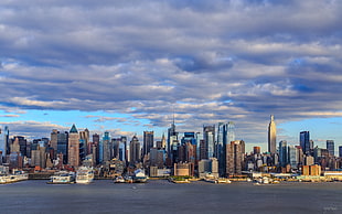 aerial view of New York city, cityscape, building, sea, clouds