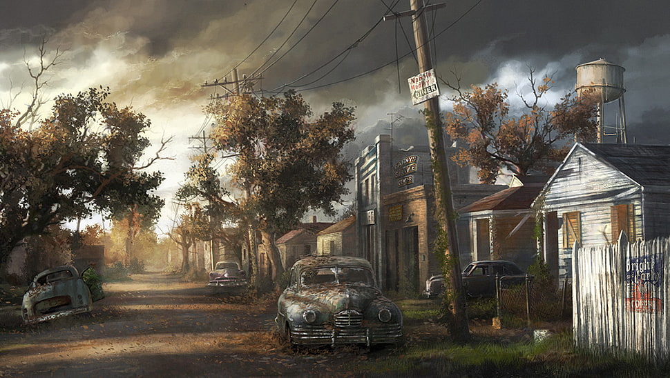 black classic car, abandoned, apocalyptic, artwork HD wallpaper