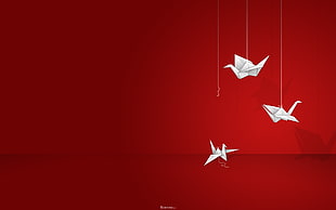 three white bird origamis digital wallpaper, origami, cranes (bird), paper, artwork