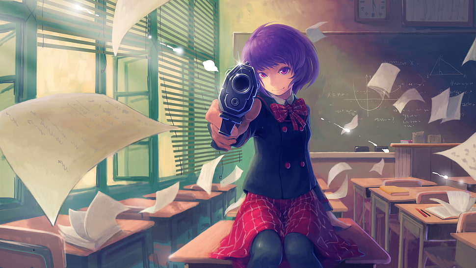 purple haired anime character holding gun HD wallpaper