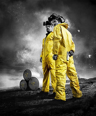 two yellow allover suits, Breaking Bad, Walter White, Jesse Pinkman, selective coloring