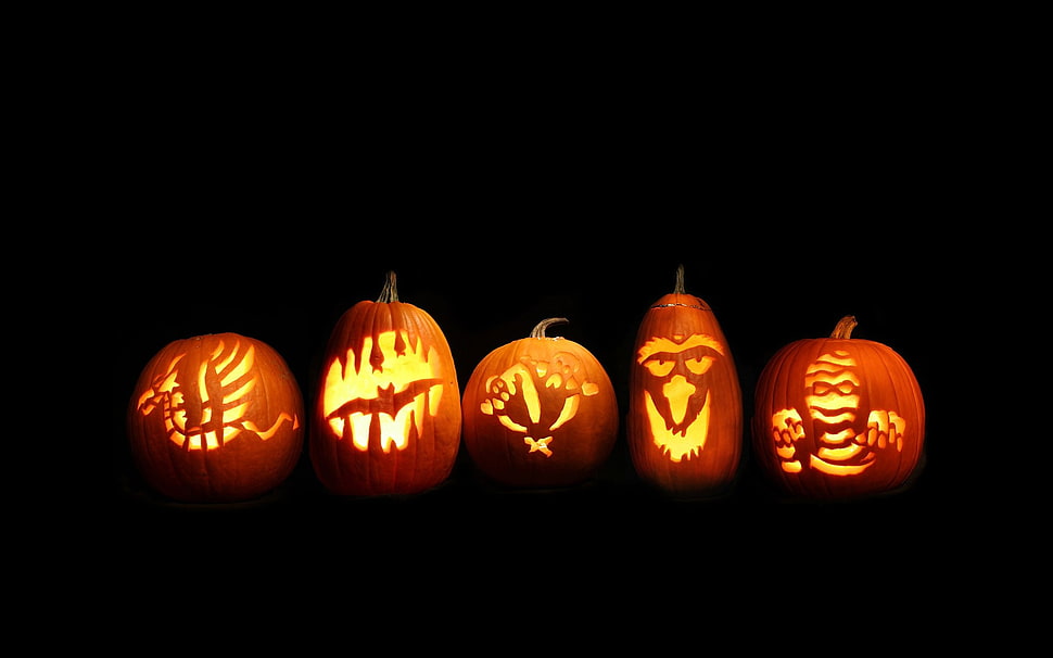 five assorted-style Jack-o-lanterns, pumpkin, Halloween, minimalism HD wallpaper