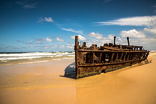 brown shipwreck photo, beach, sea, clouds, blue HD wallpaper
