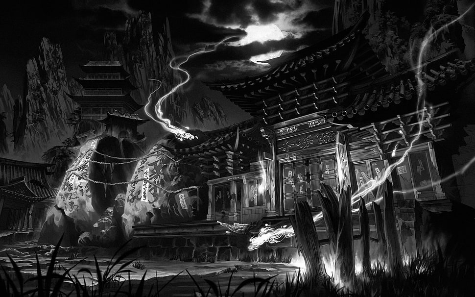 black and white temple with trees painting, ruin, artwork, Japan, fantasy art HD wallpaper