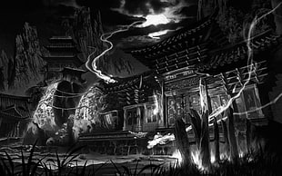 black and white temple with trees painting, ruin, artwork, Japan, fantasy art
