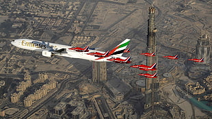 red Fly Emirates airplane, aircraft, cityscape, Boeing, Dubai