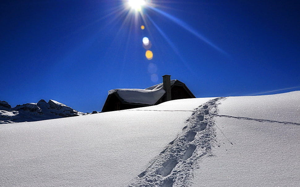 footsteps on snow under sun rays HD wallpaper