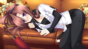 brown haired anime girl lying on couch