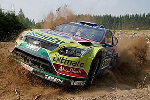 green and multicolored racing car drifting, rally cars HD wallpaper