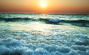 rippling body of water, sea, sky, Sun, horizon