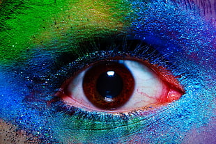 close-up photography of human eye with green and blue eyeshadow