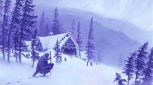 man holding cane walking towards house covered by snow painting, cold, winter, snow, forest