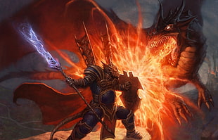 Dragon Knight fighting dragon firing breath graphic wallpaper