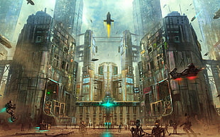 gray building game poster, artwork, robot, city, futuristic