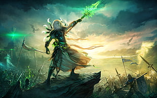warrior wielding green spear digital artwork, fantasy art, video games, Heroes of Might and Magic VI, hero