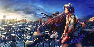 black haired female anime character holding a white and red electric guitar