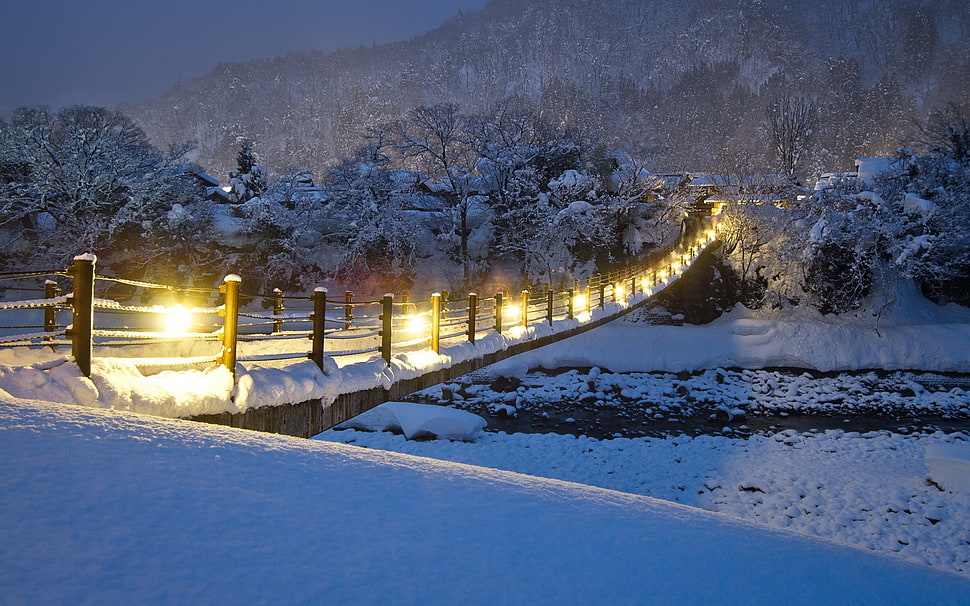 bridge with lights, bridge, snow, lights HD wallpaper