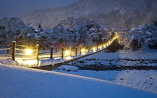 bridge with lights, bridge, snow, lights