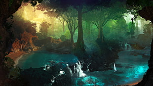 waterfall in forest painting