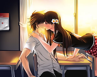 male and female anime characters illustration, kissing, school
