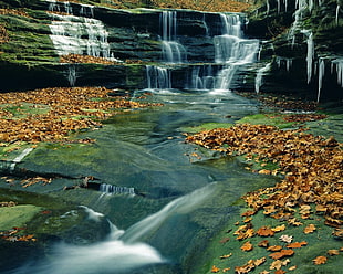 timelapse photo of waterfalls digital wallpaper