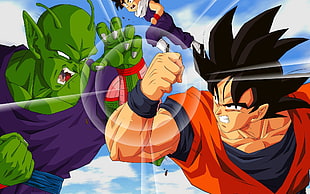 Son Goku vs Piccolo with kid Gohan watching digital wallpaper, Dragon Ball Z, Son Goku, Piccolo, Gohan HD wallpaper