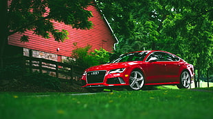 red Audi sedan, Audi RS7, side view, car