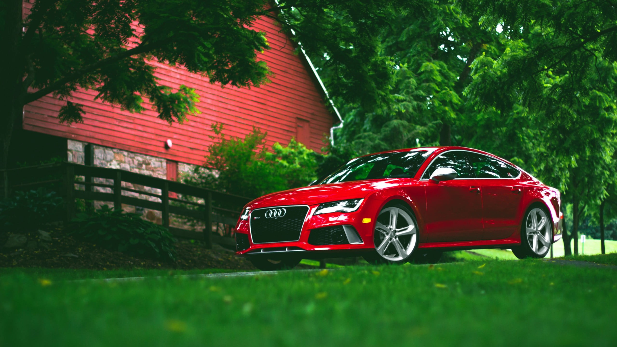 red Audi sedan, Audi RS7, side view, car