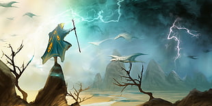 man with staff fighting winged creature wallpaper, CodeSpells, video games, fantasy art