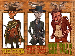 illustration of man, The Good, the Bad and the Ugly, Clint Eastwood, Lee Van Cleef, Eli Wallach